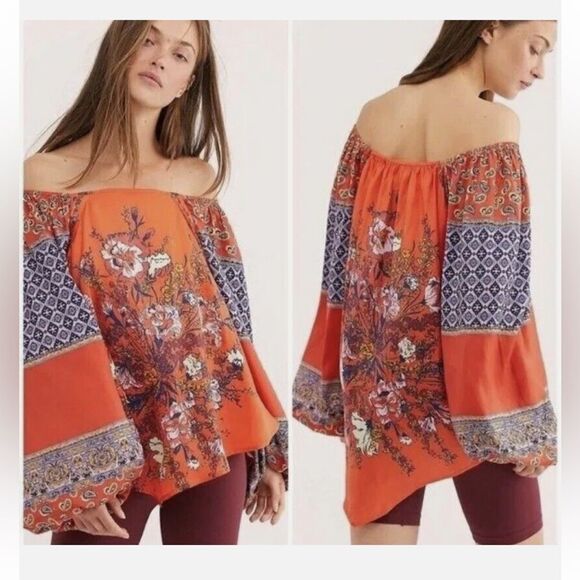 Free People Positano Cherry Combo Printed Flowy Off Shoulder Peasant Blouse - Picture 5 of 16